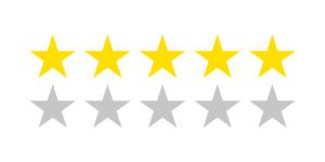 Five star rating icon. Flat icon with golden five stars rating on white background. Flat vector icon. Isolated vector. Vector chart. Vector design. Customer review rating. Customer choice.